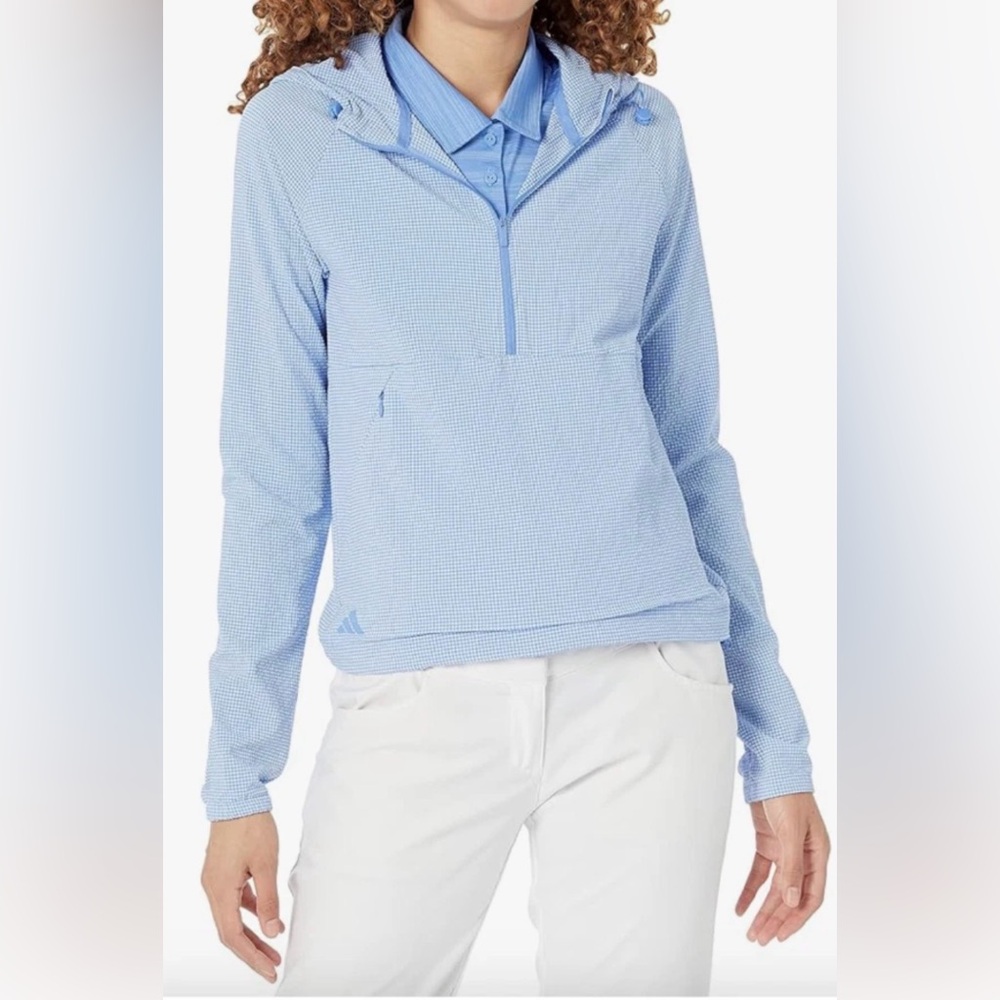 NWT Adidas Golf Seersucker Quarter-Zip Hoodie Womens Medium Blue Fusion Pullover